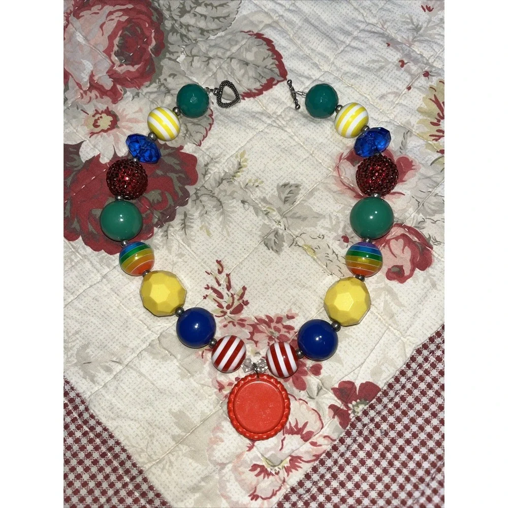 Rainbow Brite Homemade Beaded‎ Necklace , Large Beads C Retro , Colorful , Fun